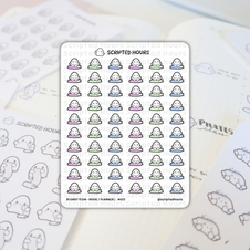 Scripted Hours sticker sheet featuring rows of cheerful Blobby icon characters sitting on pastel pink, green, and blue books, displayed on a grid-lined planner containing handwritten text