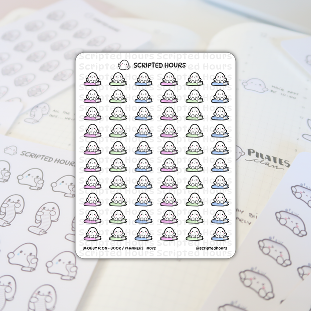 Scripted Hours sticker sheet featuring rows of cheerful Blobby icon characters sitting on pastel pink, green, and blue books, displayed on a grid-lined planner containing handwritten text