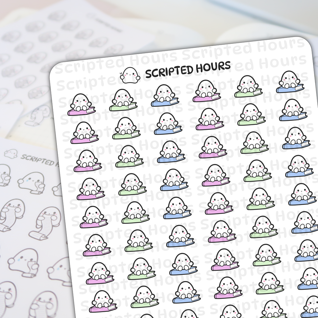 Scripted Hours digital art sticker sheet featuring a grid of happy white blob-like ghost characters with small black eyes sitting atop pastel pink, green, and blue books, with blurred outlines of similar ghost stickers visible in the background