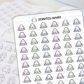 Scripted Hours digital art sticker sheet featuring a grid of happy white blob-like ghost characters with small black eyes sitting atop pastel pink, green, and blue books, with blurred outlines of similar ghost stickers visible in the background