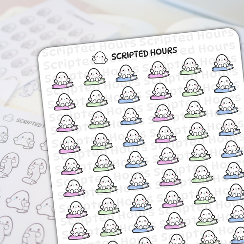 Scripted Hours digital art sticker sheet featuring a grid of happy white blob-like ghost characters with small black eyes sitting atop pastel pink, green, and blue books, with blurred outlines of similar ghost stickers visible in the background
