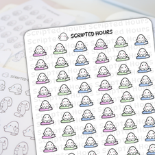 Scripted Hours digital art sticker sheet featuring a grid of happy white blob-like ghost characters with small black eyes sitting atop pastel pink, green, and blue books, with blurred outlines of similar ghost stickers visible in the background