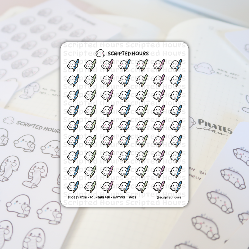 Scripted Hours sticker sheet featuring Blobby Icon - Fountain Pen / Writing stickers with rows of white happy blobby characters holding blue green pink and purple fountain pens partially covering a blurred planner page with PILATES class written
