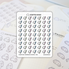 Scripted Hours sticker sheet featuring Blobby Icon - Fountain Pen / Writing stickers with rows of white happy blobby characters holding blue green pink and purple fountain pens partially covering a blurred planner page with PILATES class written