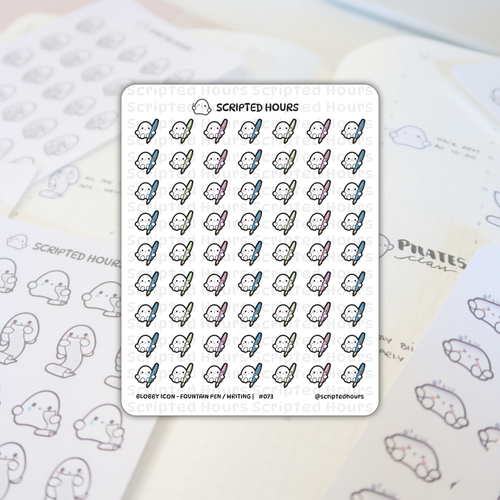 Scripted Hours sticker sheet featuring Blobby Icon - Fountain Pen / Writing stickers with rows of white happy blobby characters holding blue green pink and purple fountain pens partially covering a blurred planner page with PILATES class written