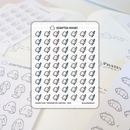 Scripted Hours sticker sheet featuring Blobby Icon - Fountain Pen / Writing stickers with rows of white happy blobby characters holding blue green pink and purple fountain pens partially covering a blurred planner page with PILATES class written