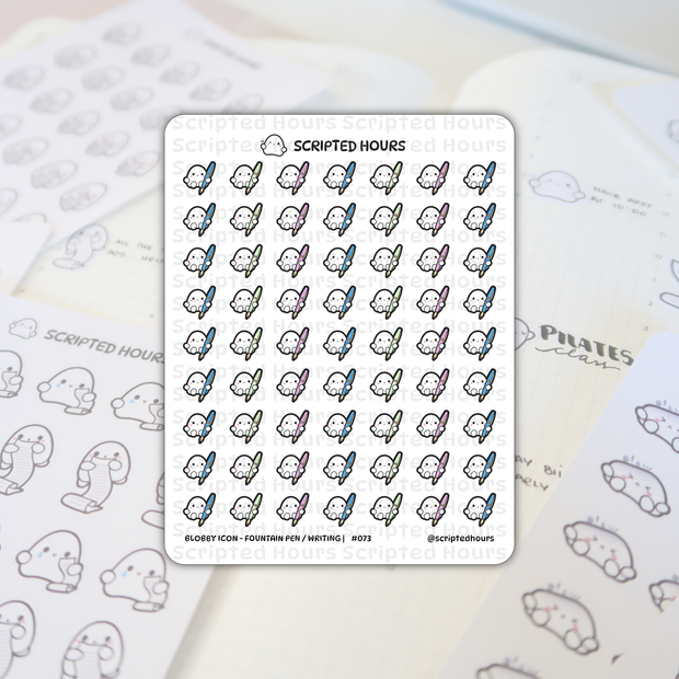 Scripted Hours sticker sheet featuring Blobby Icon - Fountain Pen / Writing stickers with rows of white happy blobby characters holding blue green pink and purple fountain pens partially covering a blurred planner page with PILATES class written