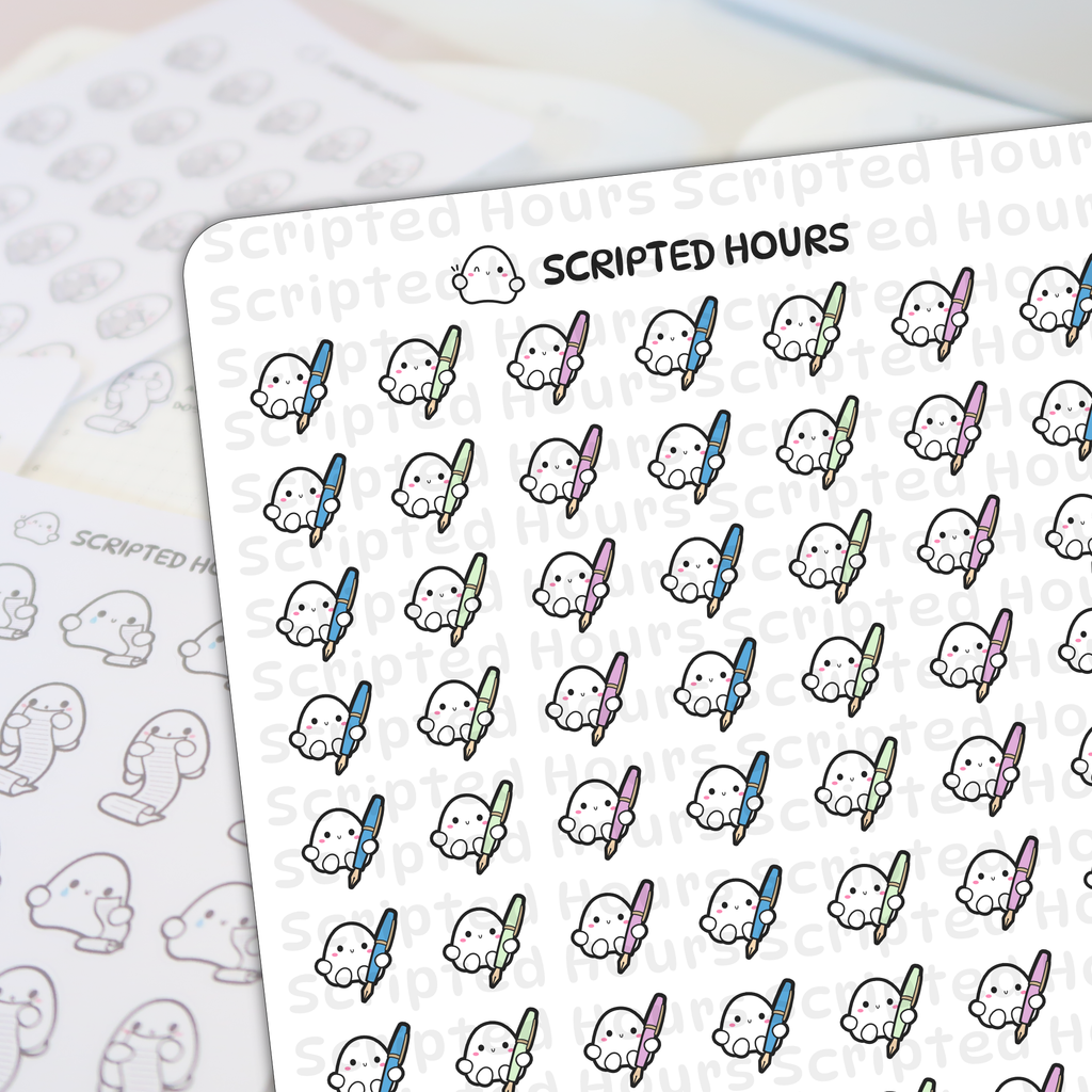 Digital sticker sheet by Scripted Hours displaying a repeating pattern of cute white ghost characters holding colorful fountain pens in blue, green, and lavender, overlaid with subtle Scripted Hours watermarks and blurred outline sticker sheets in the background