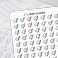 Digital sticker sheet by Scripted Hours displaying a repeating pattern of cute white ghost characters holding colorful fountain pens in blue, green, and lavender, overlaid with subtle Scripted Hours watermarks and blurred outline sticker sheets in the background