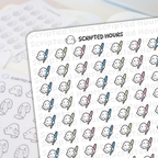 Digital sticker sheet by Scripted Hours displaying a repeating pattern of cute white ghost characters holding colorful fountain pens in blue, green, and lavender, overlaid with subtle Scripted Hours watermarks and blurred outline sticker sheets in the background