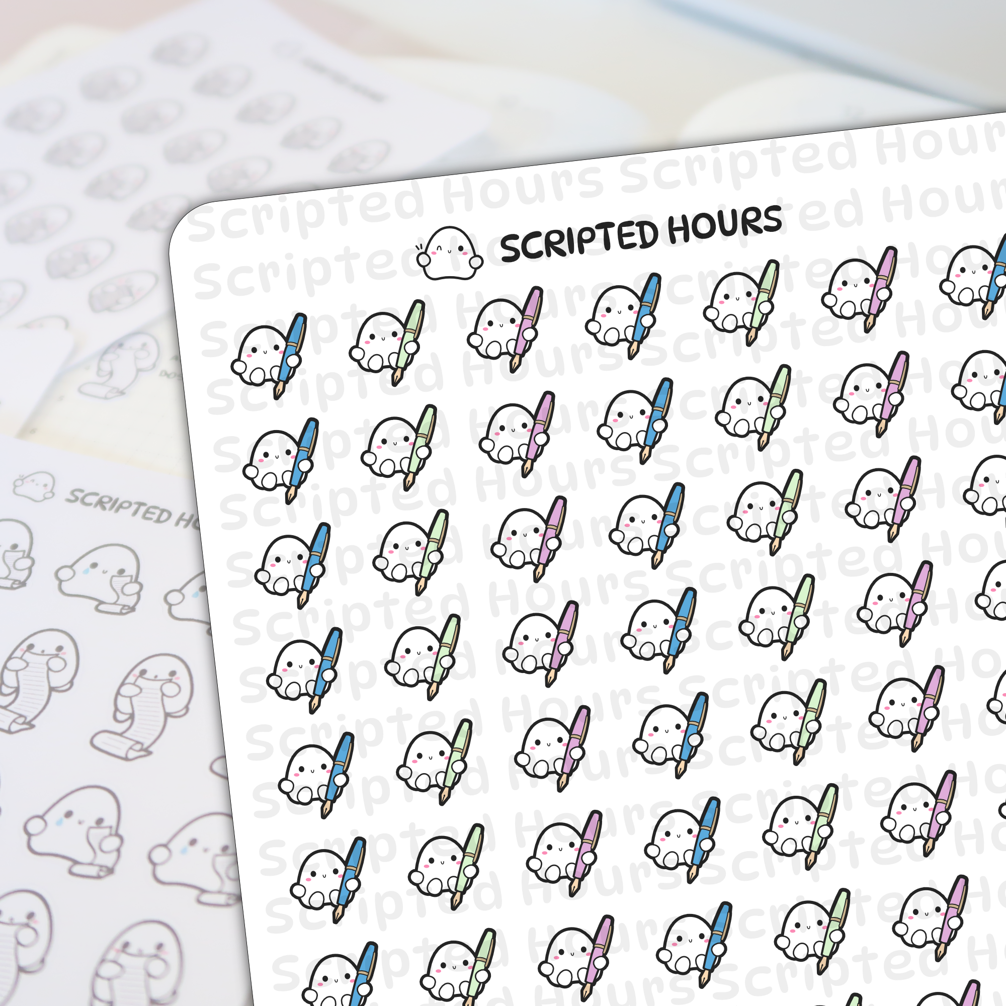 Digital sticker sheet by Scripted Hours displaying a repeating pattern of cute white ghost characters holding colorful fountain pens in blue, green, and lavender, overlaid with subtle Scripted Hours watermarks and blurred outline sticker sheets in the background