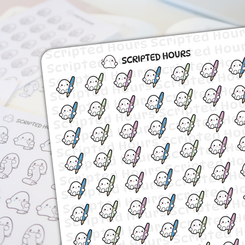 Digital sticker sheet by Scripted Hours displaying a repeating pattern of cute white ghost characters holding colorful fountain pens in blue, green, and lavender, overlaid with subtle Scripted Hours watermarks and blurred outline sticker sheets in the background