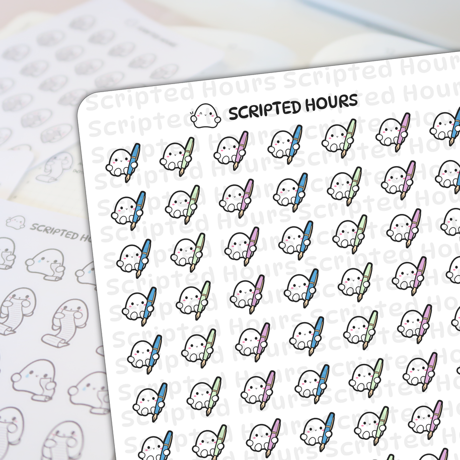 Digital sticker sheet by Scripted Hours displaying a repeating pattern of cute white ghost characters holding colorful fountain pens in blue, green, and lavender, overlaid with subtle Scripted Hours watermarks and blurred outline sticker sheets in the background