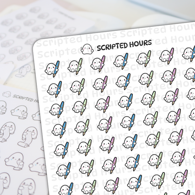 Digital sticker sheet by Scripted Hours displaying a repeating pattern of cute white ghost characters holding colorful fountain pens in blue, green, and lavender, overlaid with subtle Scripted Hours watermarks and blurred outline sticker sheets in the background
