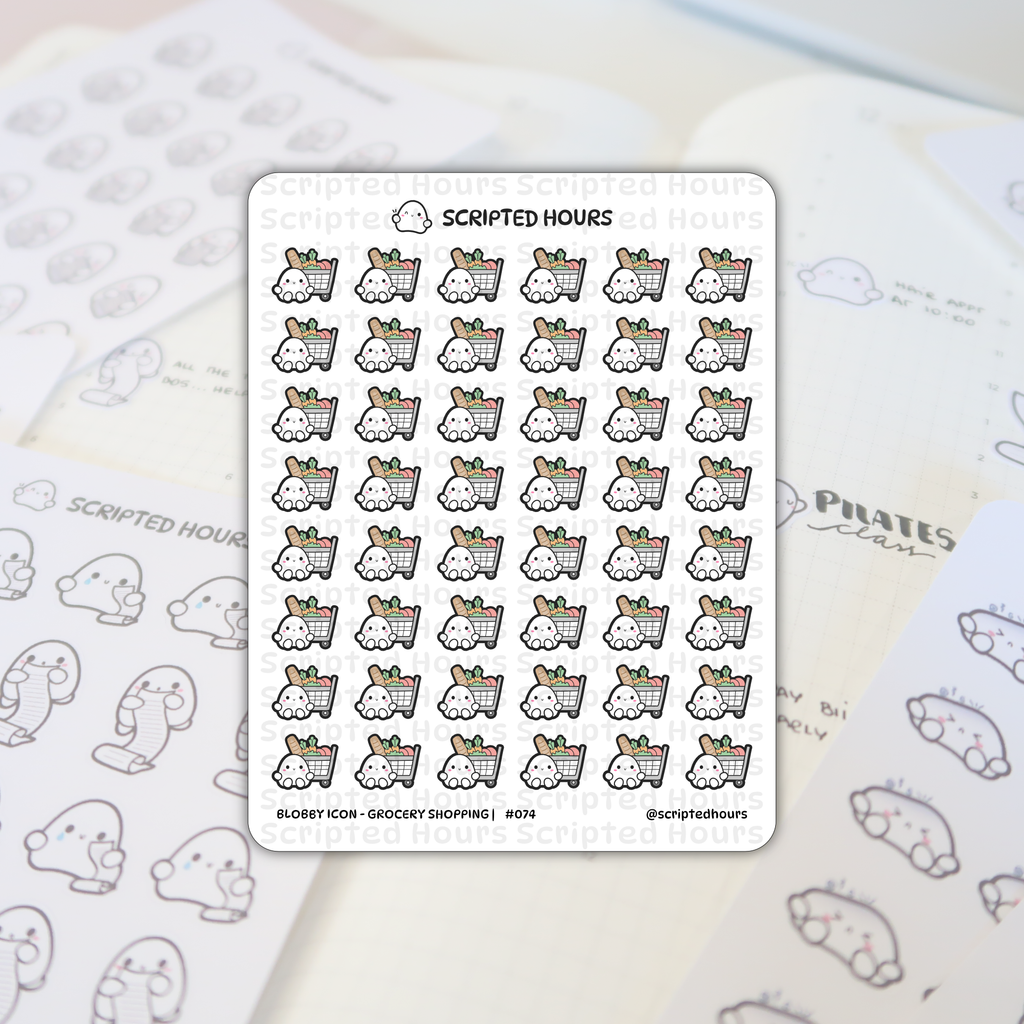 Scripted Hours sticker sheet featuring Blobby Icon - Grocery Shopping planner stickers showing cute white blob characters pushing carts filled with green lettuce, orange carrots, and a brown baguette, resting on an open planner displaying other Scripted Hours icons and 'PILATES class' text