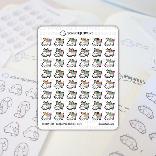 Scripted Hours sticker sheet featuring Blobby Icon - Grocery Shopping planner stickers showing cute white blob characters pushing carts filled with green lettuce, orange carrots, and a brown baguette, resting on an open planner displaying other Scripted Hours icons and 'PILATES class' text