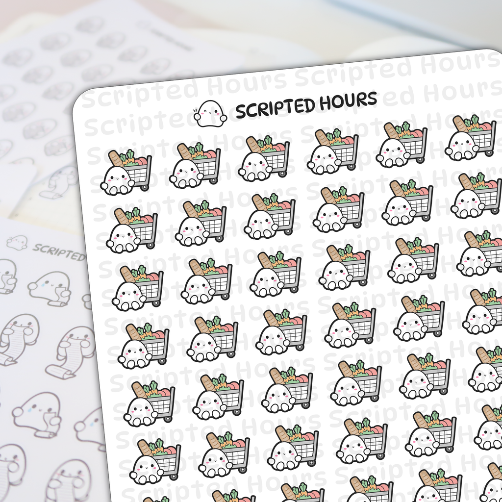 Digital stickers by Scripted Hours showcasing cute white ghost characters with rosy cheeks pushing miniature shopping carts filled with colorful produce and baguettes on a white sticker sheet displaying the brand logo