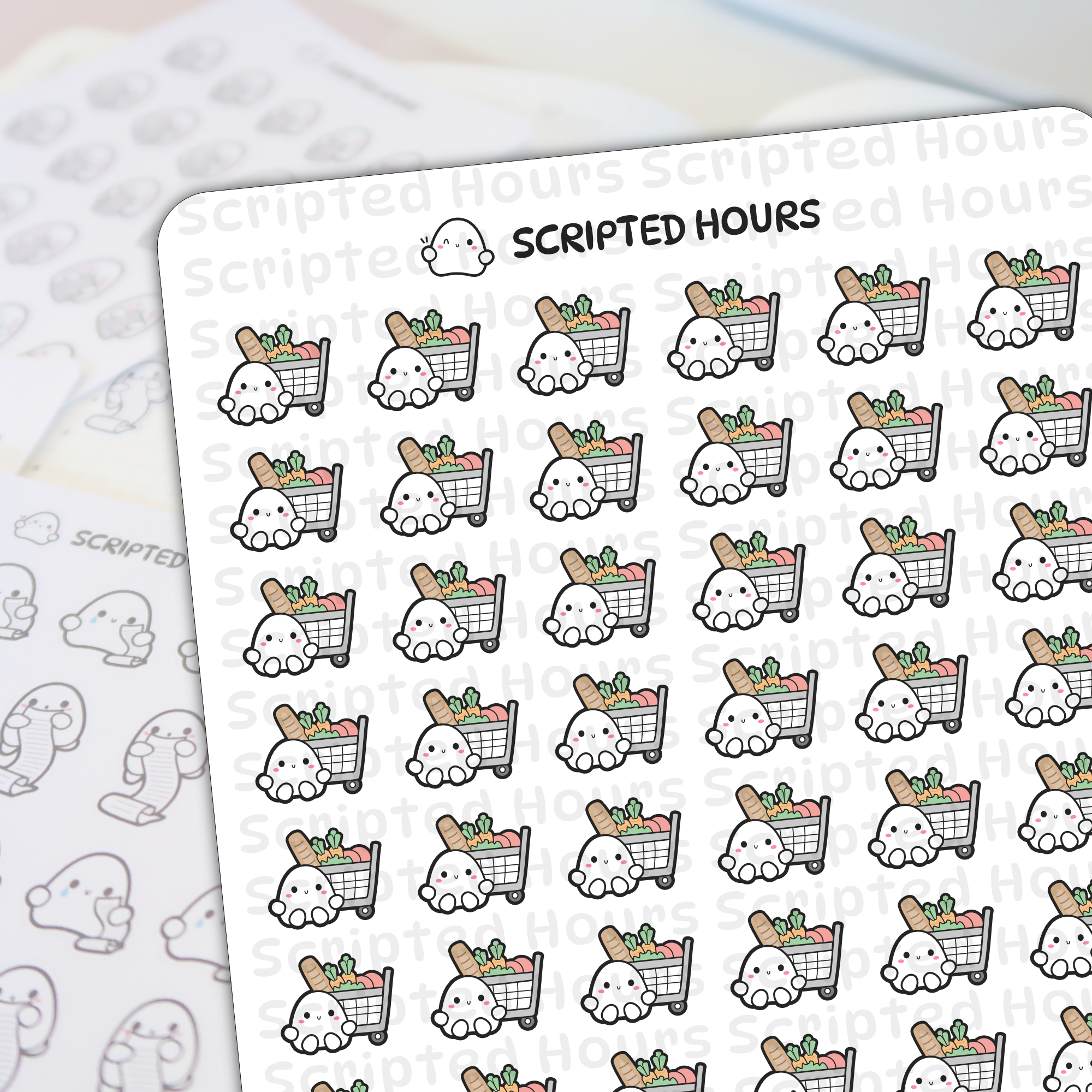 Digital stickers by Scripted Hours showcasing cute white ghost characters with rosy cheeks pushing miniature shopping carts filled with colorful produce and baguettes on a white sticker sheet displaying the brand logo