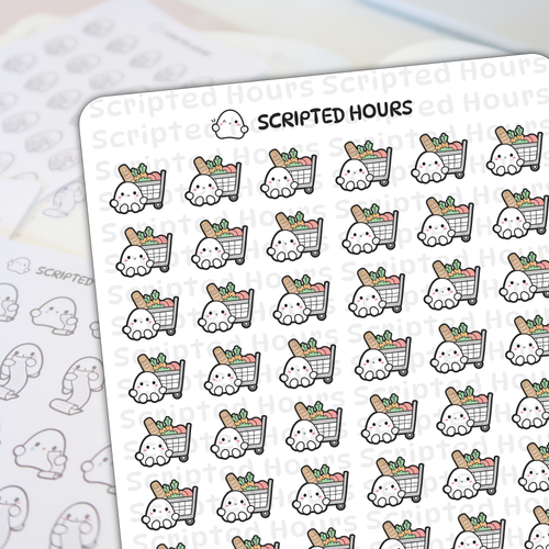 Digital stickers by Scripted Hours showcasing cute white ghost characters with rosy cheeks pushing miniature shopping carts filled with colorful produce and baguettes on a white sticker sheet displaying the brand logo