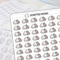 Scripted Hours sticker sheet with a close-up of repeating cute white ghost characters with pink cheeks and 'v' mouths next to brown poop emojis on a white background, featuring a faint "Scripted Hours" watermark and blurred outline ghost stickers in the back