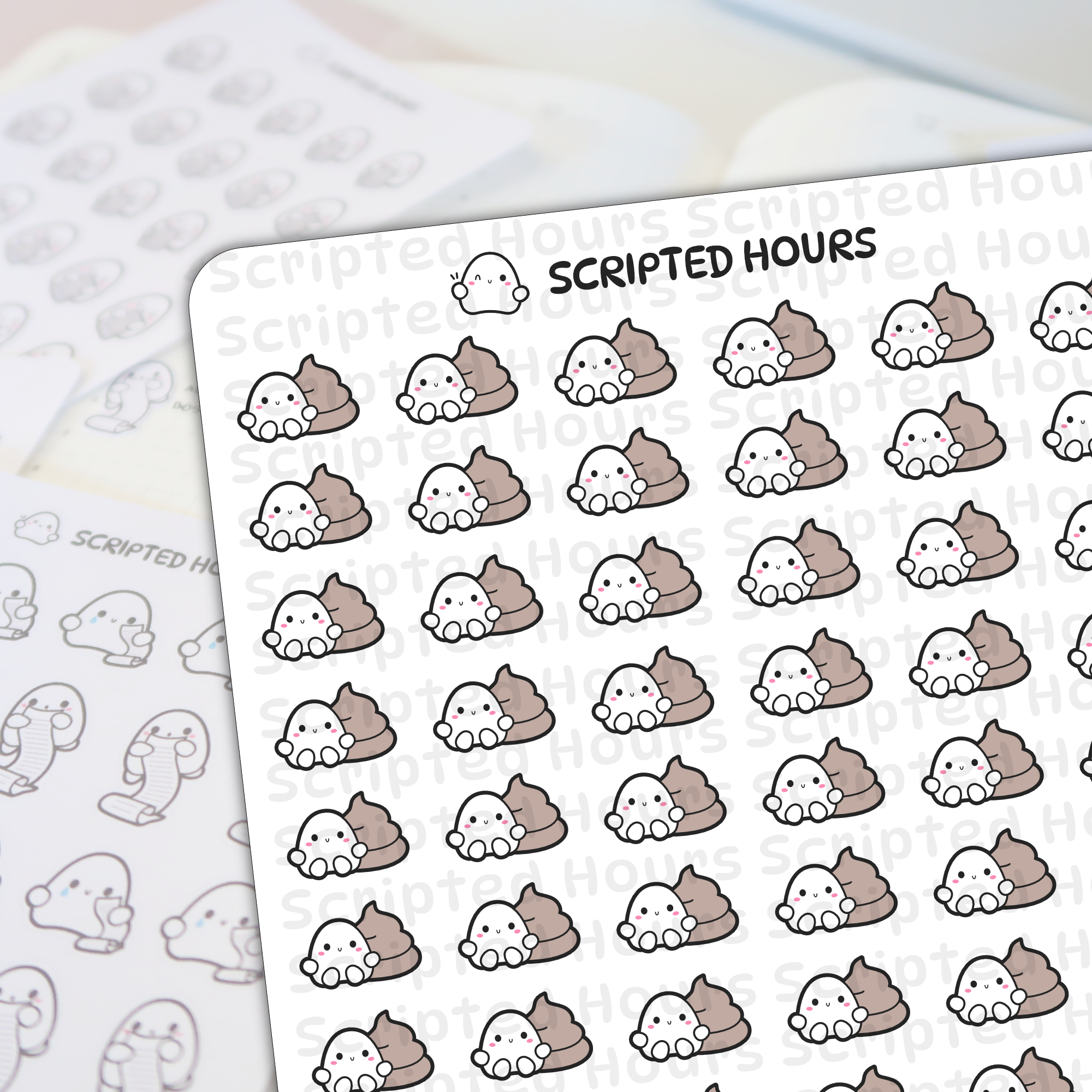 Scripted Hours sticker sheet with a close-up of repeating cute white ghost characters with pink cheeks and 'v' mouths next to brown poop emojis on a white background, featuring a faint "Scripted Hours" watermark and blurred outline ghost stickers in the back