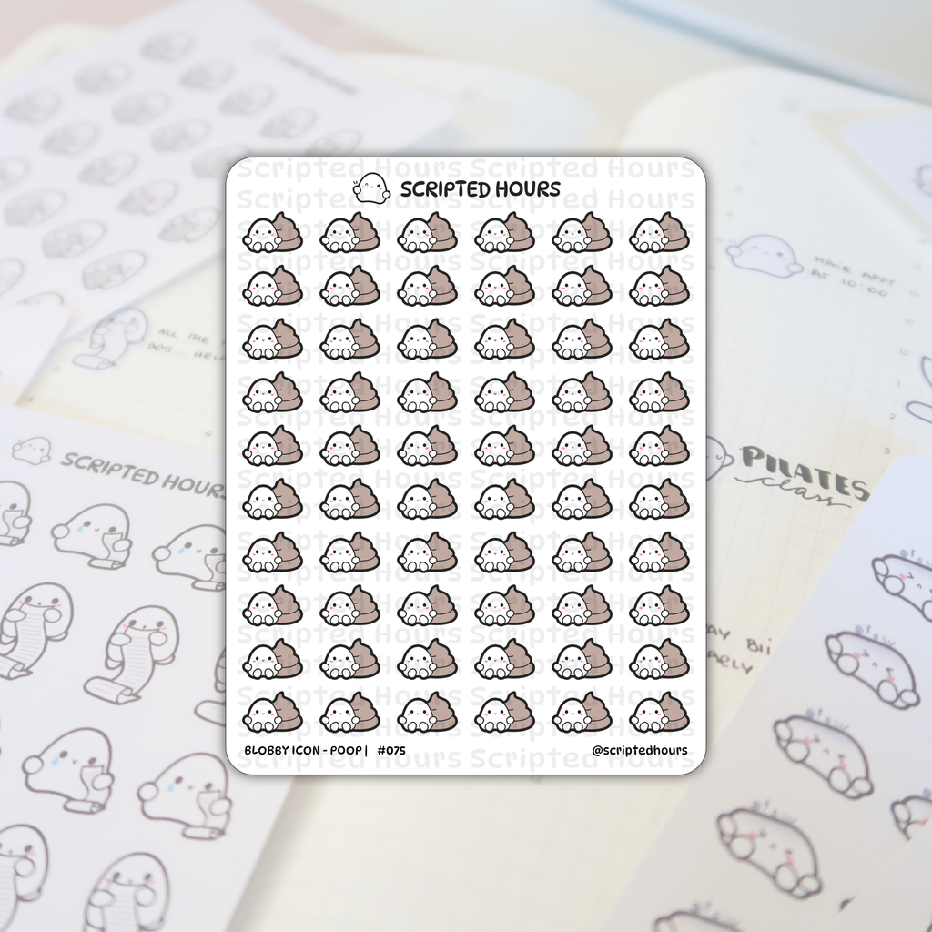 Scripted Hours planner sticker sheet displaying a grid of white blobby characters with pink cheeks paired with brown poop emojis, partially overlaying an open planner showing Scripted Hours branding and "PILATES class" written in gray ink