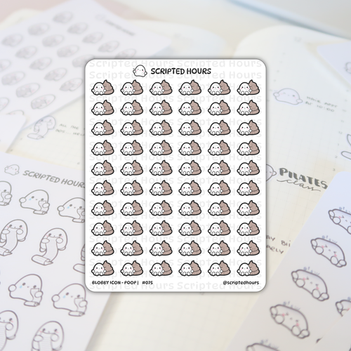 Scripted Hours planner sticker sheet displaying a grid of white blobby characters with pink cheeks paired with brown poop emojis, partially overlaying an open planner showing Scripted Hours branding and "PILATES class" written in gray ink