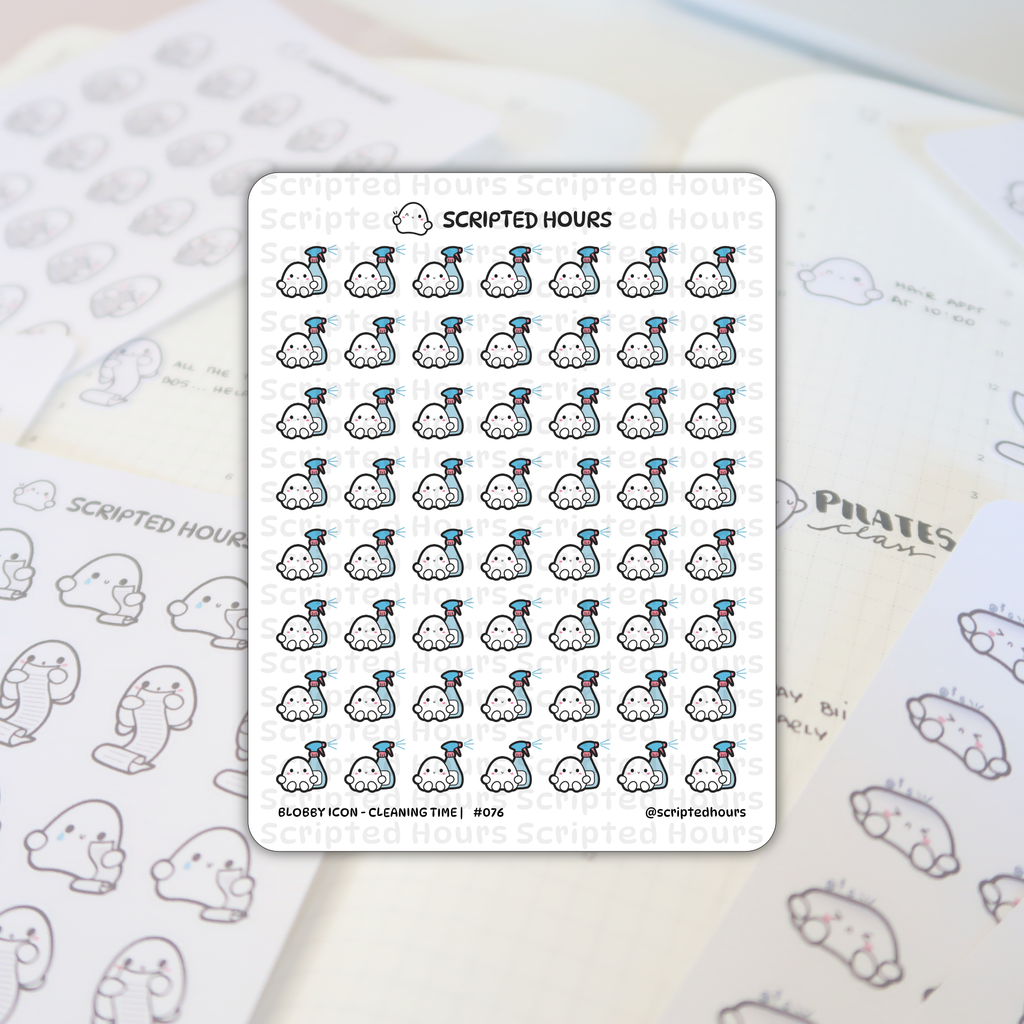 Scripted Hours "Blobby Icon - Cleaning Time" #076 sticker sheet showcasing dozens of cute white blob characters holding blue spray bottles with red nozzles and rosy cheeks, displayed on a Scripted Hours planner showing "Pilates Class" handwritten text and faint gray grid lines