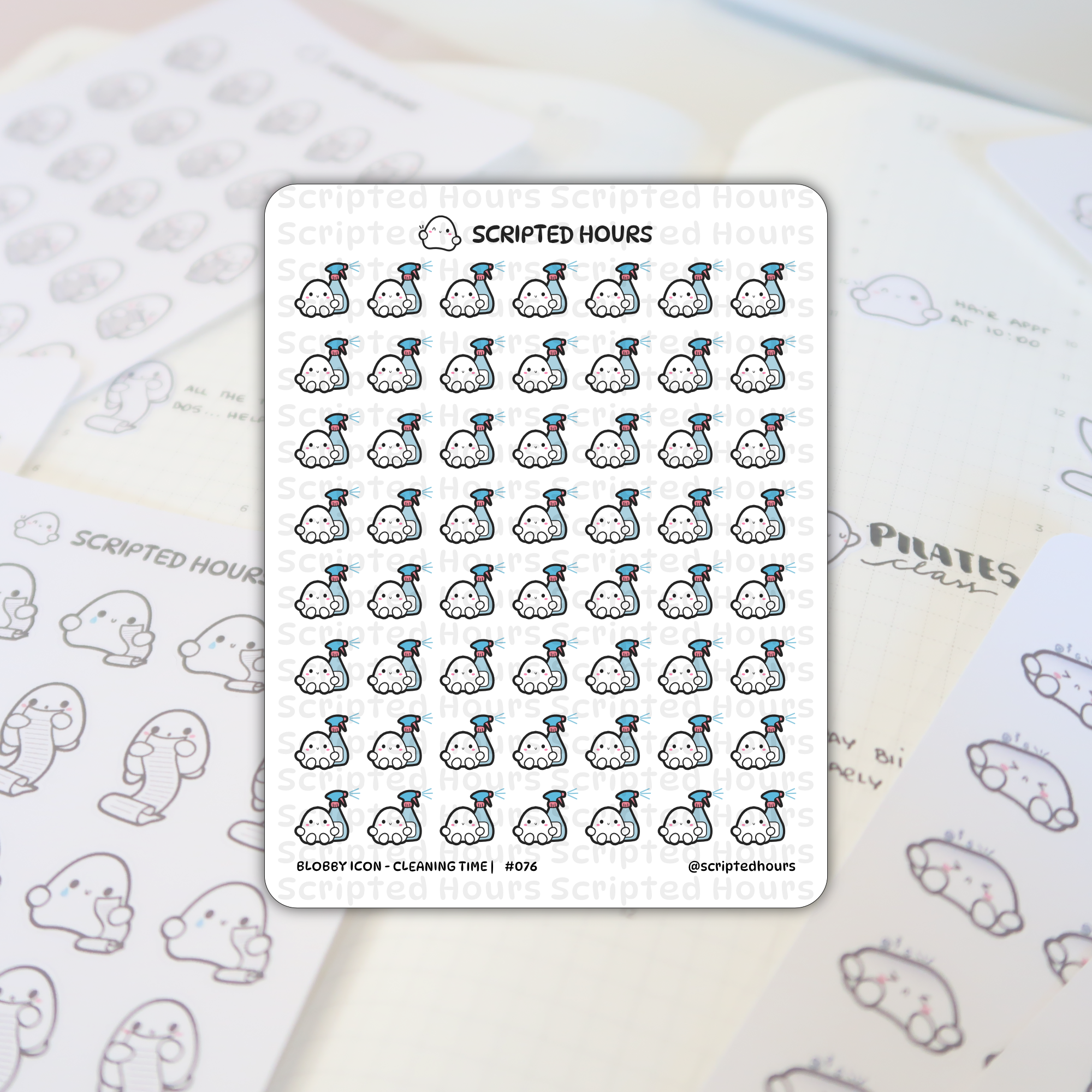 Scripted Hours "Blobby Icon - Cleaning Time" #076 sticker sheet showcasing dozens of cute white blob characters holding blue spray bottles with red nozzles and rosy cheeks, displayed on a Scripted Hours planner showing "Pilates Class" handwritten text and faint gray grid lines