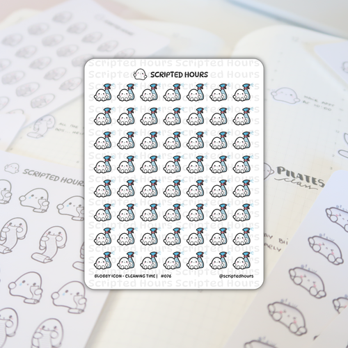Scripted Hours "Blobby Icon - Cleaning Time" #076 sticker sheet showcasing dozens of cute white blob characters holding blue spray bottles with red nozzles and rosy cheeks, displayed on a Scripted Hours planner showing "Pilates Class" handwritten text and faint gray grid lines