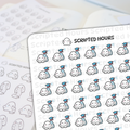 Scripted Hours sticker sheet featuring multiple cute white ghost characters each holding a light blue spray bottle with a pink nozzle, sporting rosy cheeks and a happy U-shaped mouth, set against a background of faint Scripted Hours text and blurred planner pages