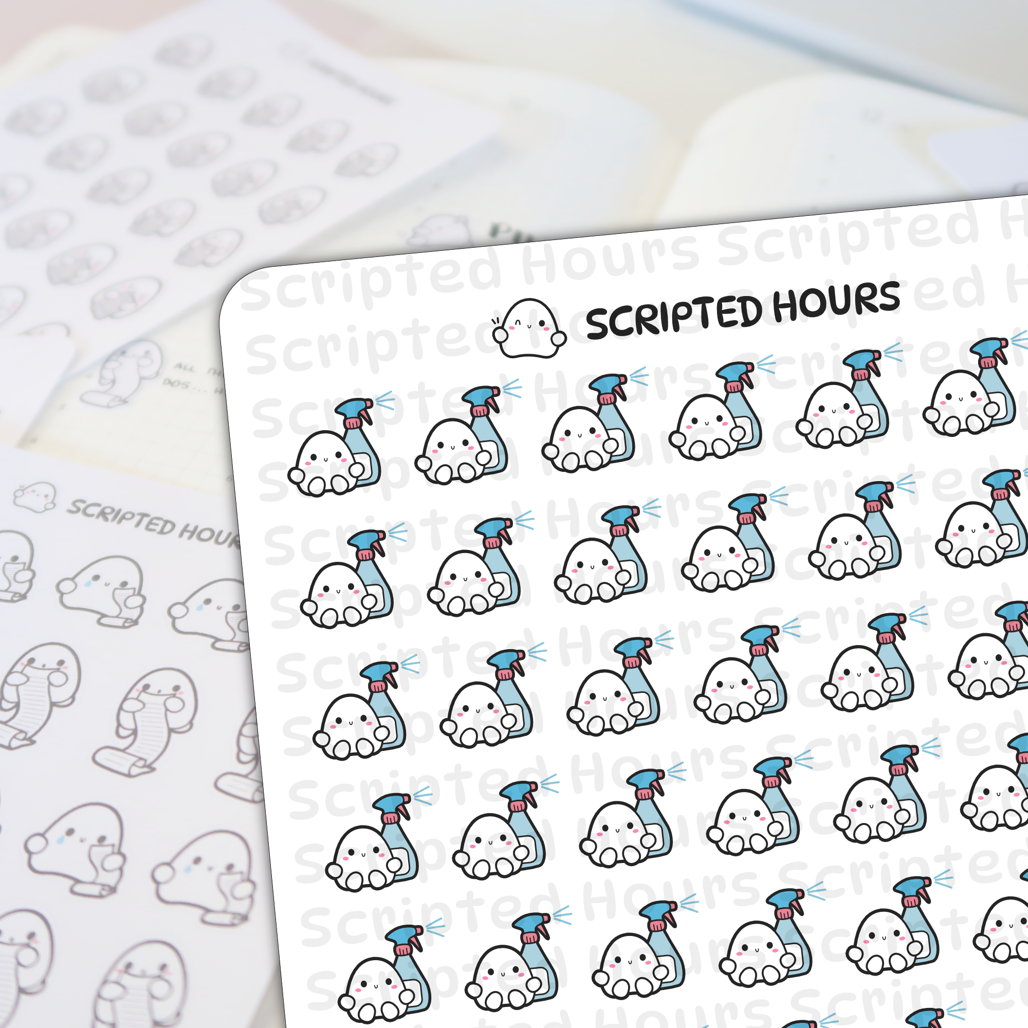 Scripted Hours sticker sheet featuring multiple cute white ghost characters each holding a light blue spray bottle with a pink nozzle, sporting rosy cheeks and a happy U-shaped mouth, set against a background of faint Scripted Hours text and blurred planner pages