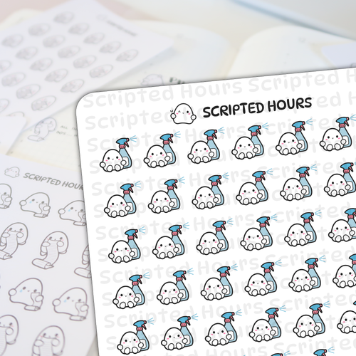 Scripted Hours sticker sheet featuring multiple cute white ghost characters each holding a light blue spray bottle with a pink nozzle, sporting rosy cheeks and a happy U-shaped mouth, set against a background of faint Scripted Hours text and blurred planner pages
