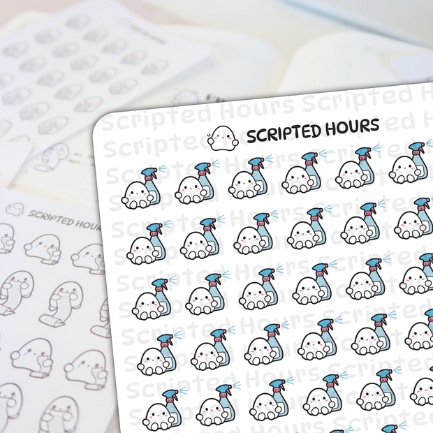 Scripted Hours sticker sheet featuring multiple cute white ghost characters each holding a light blue spray bottle with a pink nozzle, sporting rosy cheeks and a happy U-shaped mouth, set against a background of faint Scripted Hours text and blurred planner pages