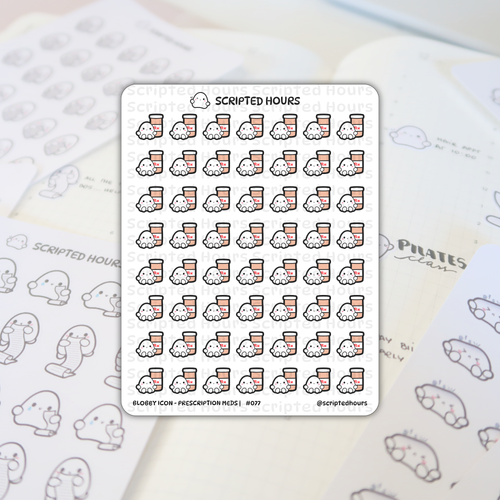 Scripted Hours sticker sheet titled Blobby Icon Prescription Meds #077 displaying rows of cheerful white blob characters paired with peach pill bottles marked with a red Rx symbol, set against a faint grid journal with text like Pilates class and glimpses of other Blobby Icon scroll stickers
