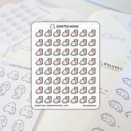 Scripted Hours sticker sheet titled Blobby Icon Prescription Meds #077 displaying rows of cheerful white blob characters paired with peach pill bottles marked with a red Rx symbol, set against a faint grid journal with text like Pilates class and glimpses of other Blobby Icon scroll stickers