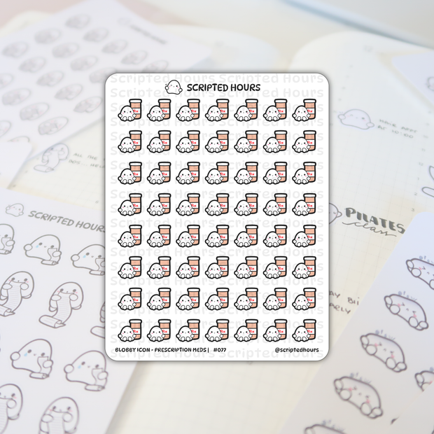 Scripted Hours sticker sheet titled Blobby Icon Prescription Meds #077 displaying rows of cheerful white blob characters paired with peach pill bottles marked with a red Rx symbol, set against a faint grid journal with text like Pilates class and glimpses of other Blobby Icon scroll stickers