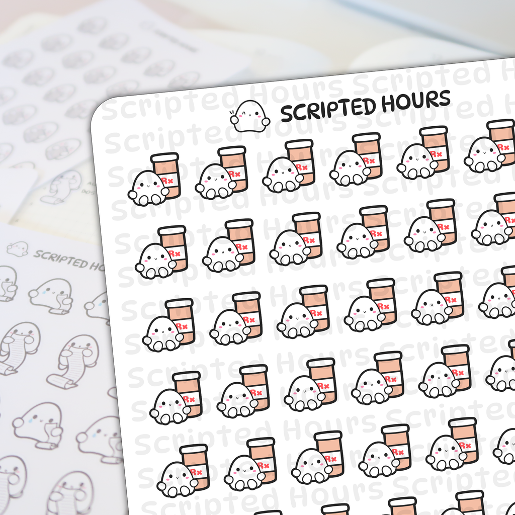 Sticker sheet by Scripted Hours featuring a pattern of cute white ghost stickers with rosy cheeks and peach prescription bottle stickers marked with a red Rx symbol against a white background, with the Scripted Hours logo subtly visible