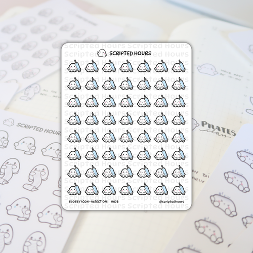 Sticker sheet by Scripted Hours displaying Blobby Icon - Injection #078 stickers on a light-colored planner showing rows of cute white blobby characters holding light blue syringes some smiling others with neutral expressions with a subtle Scripted Hours watermark and a handwritten PILATES class entry in the blurred background