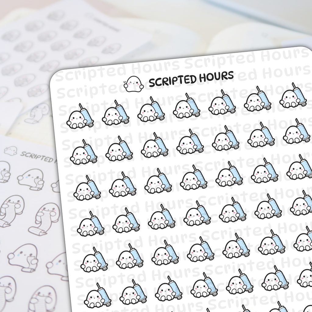 Scripted Hours planner sticker sheet featuring rows of kawaii white blob characters with pink blush holding light blue syringes, with a blurred sheet of grayscale planner stickers in the background