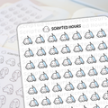 Scripted Hours planner sticker sheet featuring rows of kawaii white blob characters with pink blush holding light blue syringes, with a blurred sheet of grayscale planner stickers in the background