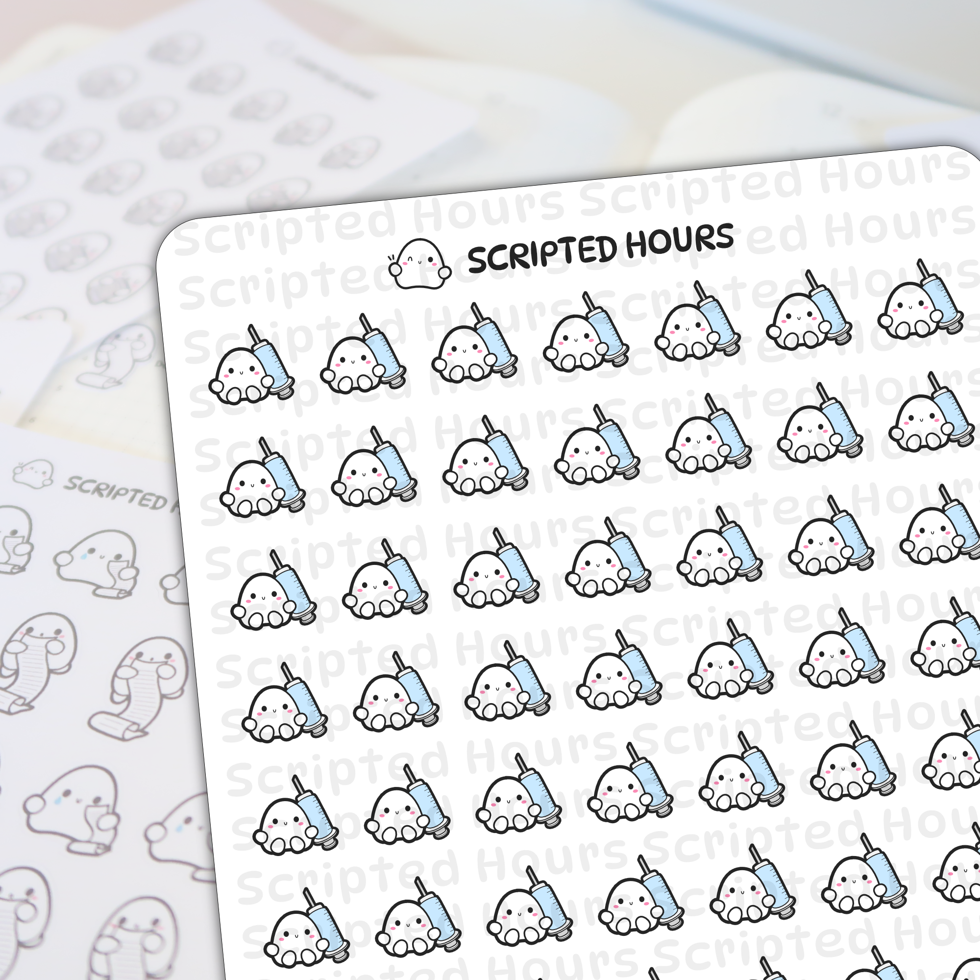 Scripted Hours planner sticker sheet featuring rows of kawaii white blob characters with pink blush holding light blue syringes, with a blurred sheet of grayscale planner stickers in the background