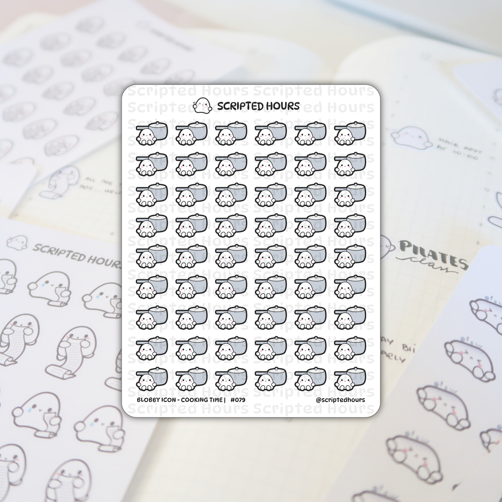 Scripted Hours sticker sheet featuring Blobby Icon Cooking Time designs with cute white blob characters having rosy cheeks peeking from grey pots, displayed on a planner page with blurred text like PILATES class