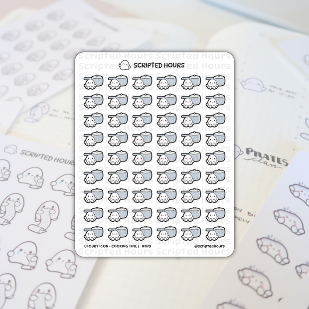 Scripted Hours sticker sheet featuring Blobby Icon Cooking Time designs with cute white blob characters having rosy cheeks peeking from grey pots, displayed on a planner page with blurred text like PILATES class