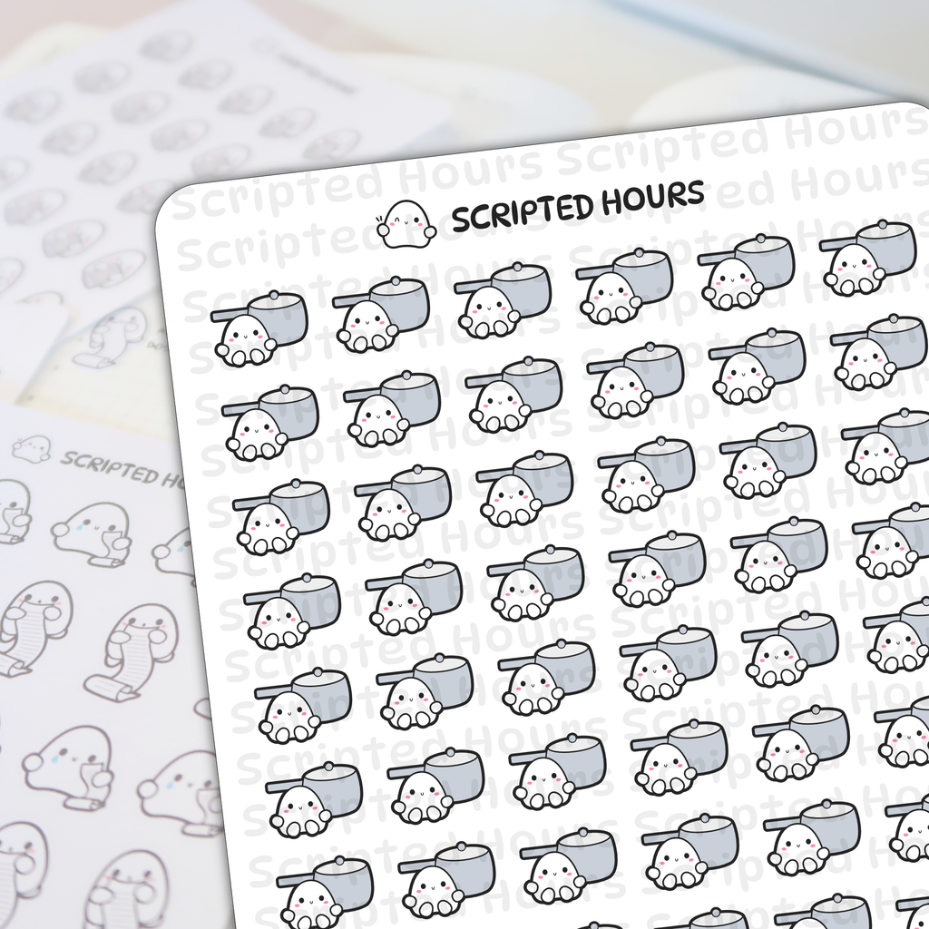 Scripted Hours digital planner stickers showing a pattern of kawaii white ghosts with pink cheeks and happy faces next to light gray saucepans, on a white sheet with blurred ghost stickers holding scrolls visible in the background