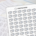 Scripted Hours digital planner stickers showing a pattern of kawaii white ghosts with pink cheeks and happy faces next to light gray saucepans, on a white sheet with blurred ghost stickers holding scrolls visible in the background