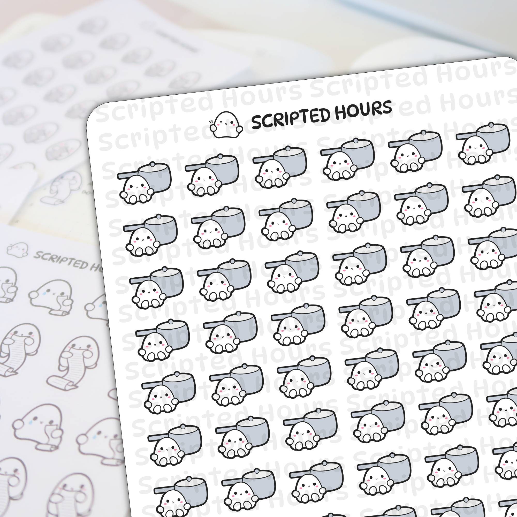Scripted Hours digital planner stickers showing a pattern of kawaii white ghosts with pink cheeks and happy faces next to light gray saucepans, on a white sheet with blurred ghost stickers holding scrolls visible in the background