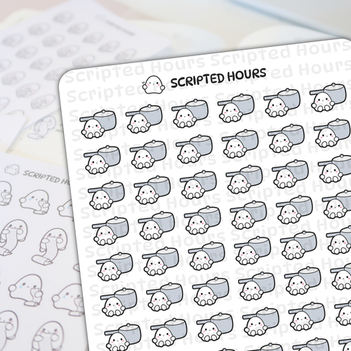 Scripted Hours digital planner stickers showing a pattern of kawaii white ghosts with pink cheeks and happy faces next to light gray saucepans, on a white sheet with blurred ghost stickers holding scrolls visible in the background