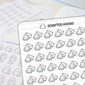 Scripted Hours digital stickers depicting rows of cute white ghost characters with pink cheeks holding envelopes with pink hearts, featuring the Scripted Hours logo with another ghost icon, and a blurred background of grayscale ghost stickers