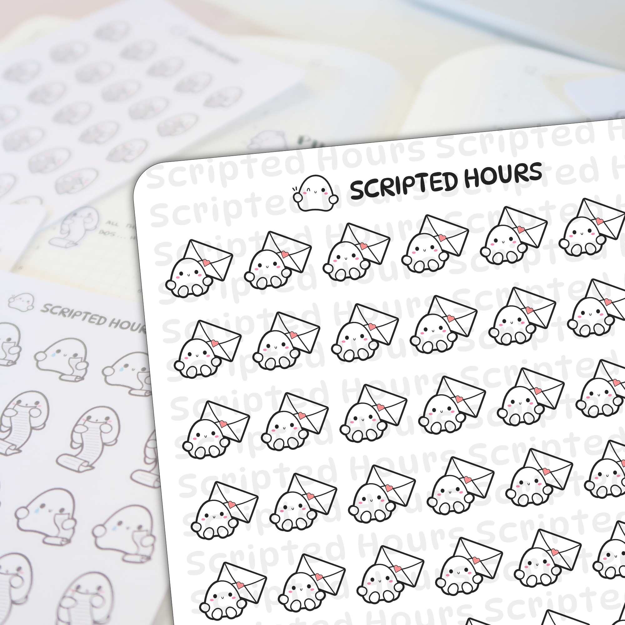 Scripted Hours digital stickers depicting rows of cute white ghost characters with pink cheeks holding envelopes with pink hearts, featuring the Scripted Hours logo with another ghost icon, and a blurred background of grayscale ghost stickers